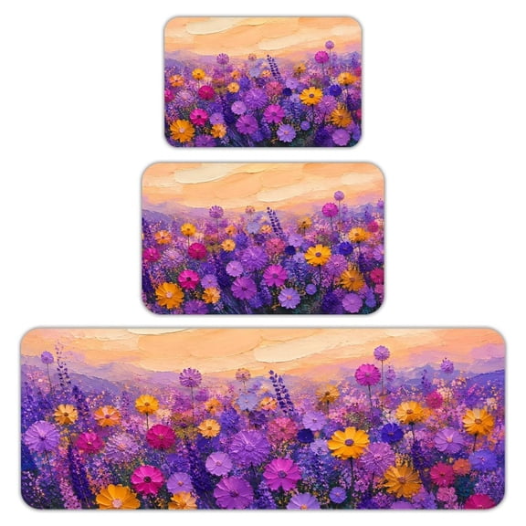 RKSupls Kitchen Rug Set 3 Piece Anti-Slip Flannel Floor Mats, Colorful Wildflower Field.png Washable Absorbent Runner Mats for Kitchen Bathroom Home Decor