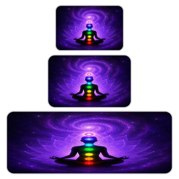 RKSupls Kitchen Rug Set 3 Piece Anti-Slip Flannel Floor Mats, Cosmic Chakra Meditation Figure Washable Absorbent Runner Mats for Kitchen Bathroom Home Decor