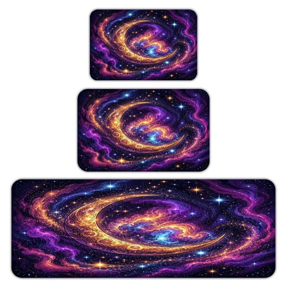 RKSupls Kitchen Rug Set 3 Piece Anti-Slip Flannel Floor Mats, Cosmic Crescent Moon Galaxy Nebula Washable Absorbent Runner Mats for Kitchen Bathroom Home Decor