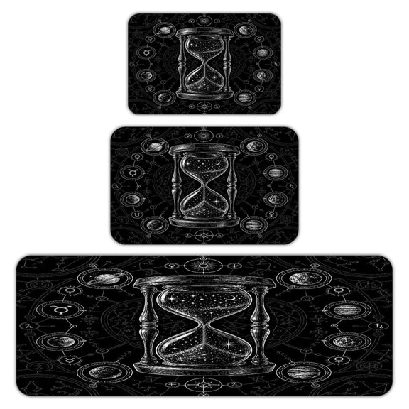 RKSupls Kitchen Rug Set 3 Piece Anti-Slip Flannel Floor Mats, Cosmic Hourglass Planets Alchemy Washable Absorbent Runner Mats for Kitchen Bathroom Home Decor