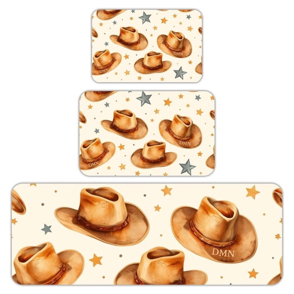 RKSupls Kitchen Rug Set 3 Piece Anti-Slip Flannel Floor Mats, Cowboy Hat Pattern Washable Absorbent Runner Mats for Kitchen Bathroom Home Decor
