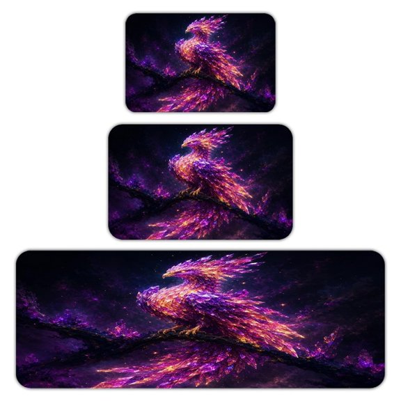 RKSupls Kitchen Rug Set 3 Piece Anti-Slip Flannel Floor Mats, Crystal Phoenix Branch Night Washable Absorbent Runner Mats for Kitchen Bathroom Home Decor