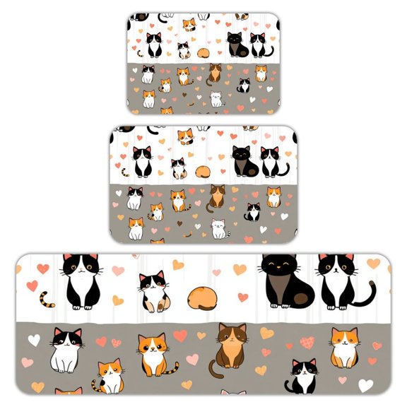 RKSupls Kitchen Rug Set 3 Piece Anti-Slip Flannel Floor Mats, Cute Cat Heart Pattern Washable Absorbent Runner Mats for Kitchen Bathroom Home Decor