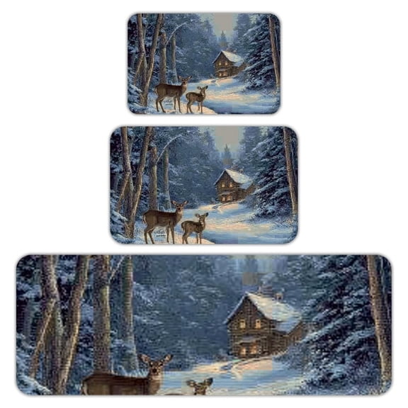 RKSupls Kitchen Rug Set 3 Piece Anti-Slip Flannel Floor Mats, Deer Winter Cabin Washable Absorbent Runner Mats for Kitchen Bathroom Home Decor