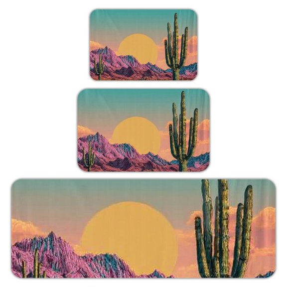 RKSupls Kitchen Rug Set 3 Piece Anti-Slip Flannel Floor Mats, Desert Cactus Sunset Washable Absorbent Runner Mats for Kitchen Bathroom Home Decor