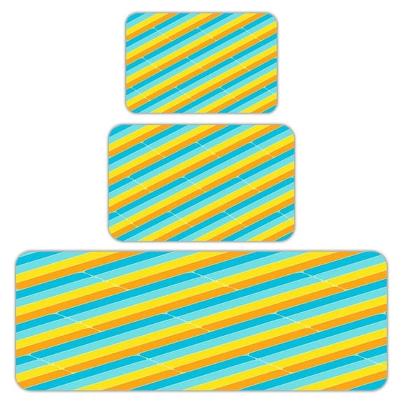 RKSupls Kitchen Rug Set 3 Piece Anti-Slip Flannel Floor Mats, Diagonal Stripe Summer Pattern Washable Absorbent Runner Mats for Kitchen Bathroom Home Decor