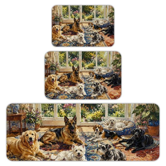 RKSupls Kitchen Rug Set 3 Piece Anti-Slip Flannel Floor Mats, Dogs Resting in Sunroom.png Washable Absorbent Runner Mats for Kitchen Bathroom Home Decor