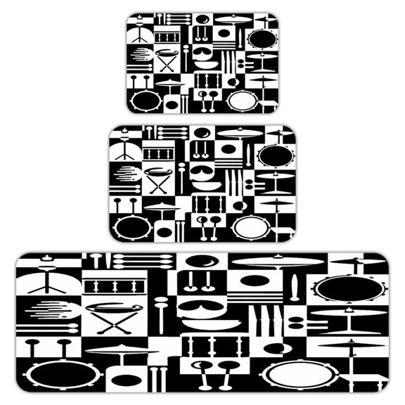 RKSupls Kitchen Rug Set 3 Piece Anti-Slip Flannel Floor Mats, Drum Kit Percussion Checkerboard Black White Washable Absorbent Runner Mats for Kitchen Bathroom Home Decor
