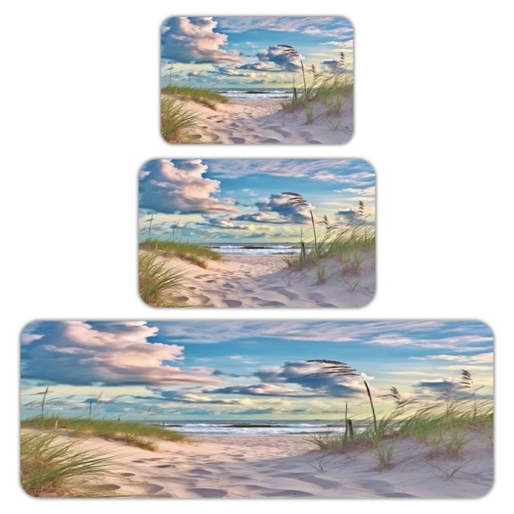 RKSupls Kitchen Rug Set 3 Piece Anti-Slip Flannel Floor Mats, Dune Path Beach Grass Cloudy Sky Washable Absorbent Runner Mats for Kitchen Bathroom Home Decor