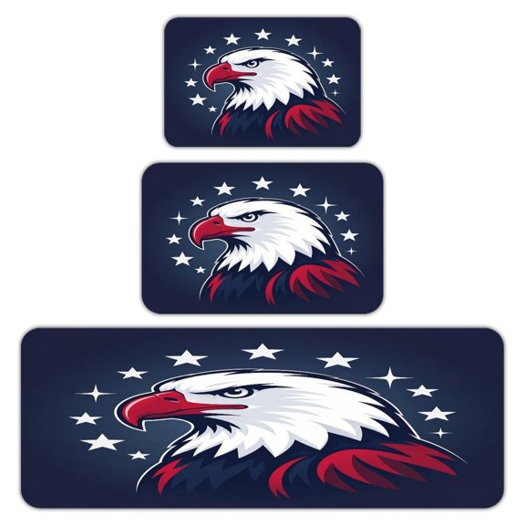 RKSupls Kitchen Rug Set 3 Piece Anti-Slip Flannel Floor Mats, Eagle Head Logo Stars Dark Washable Absorbent Runner Mats for Kitchen Bathroom Home Decor