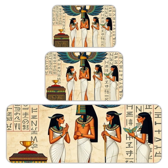 RKSupls Kitchen Rug Set 3 Piece Anti-Slip Flannel Floor Mats, Egyptian Gods Priestesses Temple Art Washable Absorbent Runner Mats for Kitchen Bathroom Home Decor