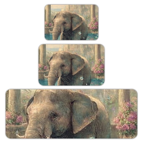 RKSupls Kitchen Rug Set 3 Piece Anti-Slip Flannel Floor Mats, Elephant Sunset Water Washable Absorbent Runner Mats for Kitchen Bathroom Home Decor