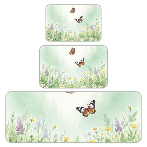 RKSupls Kitchen Rug Set 3 Piece Anti-Slip Flannel Floor Mats, Eucalyptus Leaf Botanical Plant Vintage Daisy Flowers Butterfly Floral Washable Absorbent Runner Mats for Kitchen Bathroom Home Decor