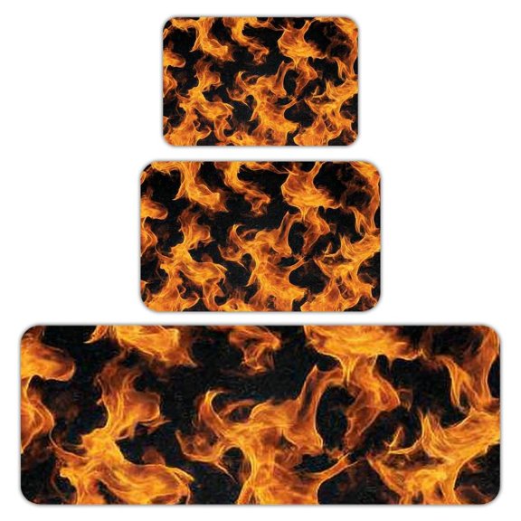 RKSupls Kitchen Rug Set 3 Piece Anti-Slip Flannel Floor Mats, Fire Flames Orange Washable Absorbent Runner Mats for Kitchen Bathroom Home Decor