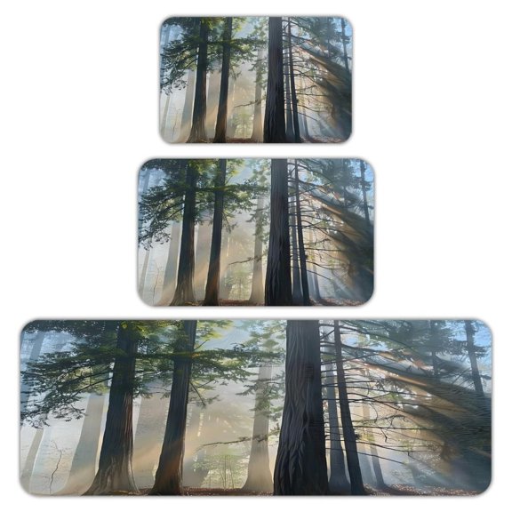 RKSupls Kitchen Rug Set 3 Piece Anti-Slip Flannel Floor Mats, Forest Sunbeams Misty Pines Washable Absorbent Runner Mats for Kitchen Bathroom Home Decor