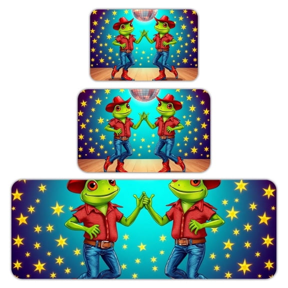 RKSupls Kitchen Rug Set 3 Piece Anti-Slip Flannel Floor Mats, Frog Cowboy Dancing Washable Absorbent Runner Mats for Kitchen Bathroom Home Decor