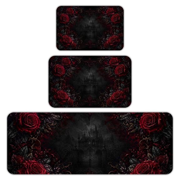 RKSupls Kitchen Rug Set 3 Piece Anti-Slip Flannel Floor Mats, Gothic Roses Horror Misty Mansion Washable Absorbent Runner Mats for Kitchen Bathroom Home Decor