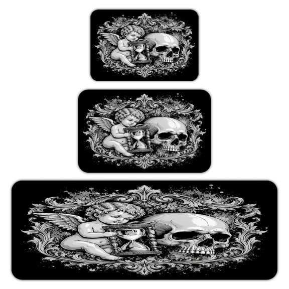 RKSupls Kitchen Rug Set 3 Piece Anti-Slip Flannel Floor Mats, Gothic Skeleton Angel Washable Absorbent Runner Mats for Kitchen Bathroom Home Decor