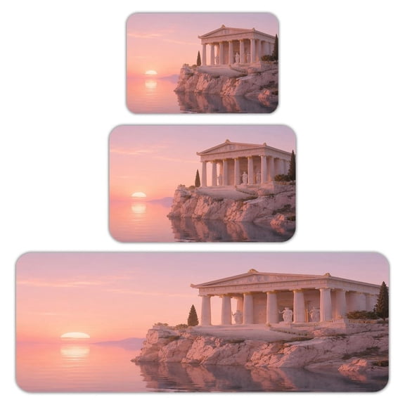 RKSupls Kitchen Rug Set 3 Piece Anti-Slip Flannel Floor Mats, Greek Temple Cliff at Sunset Washable Absorbent Runner Mats for Kitchen Bathroom Home Decor