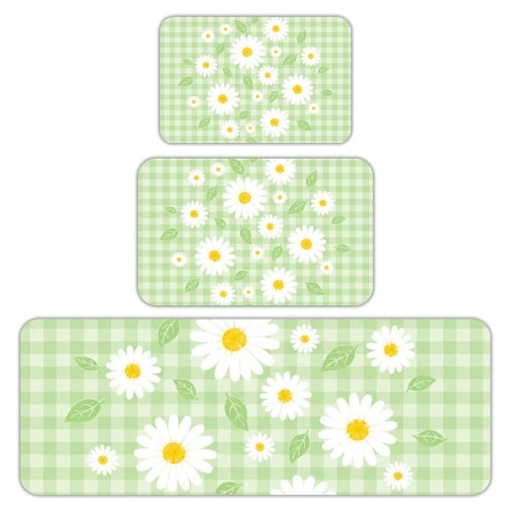 RKSupls Kitchen Rug Set 3 Piece Anti-Slip Flannel Floor Mats, Green Checked Daisy Washable Absorbent Runner Mats for Kitchen Bathroom Home Decor