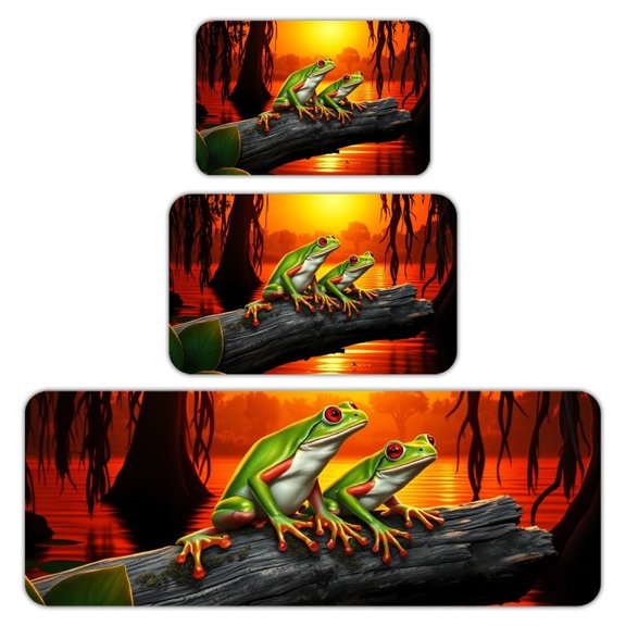 RKSupls Kitchen Rug Set 3 Piece Anti-Slip Flannel Floor Mats, Green Frogs Swamp Sunset Washable Absorbent Runner Mats for Kitchen Bathroom Home Decor