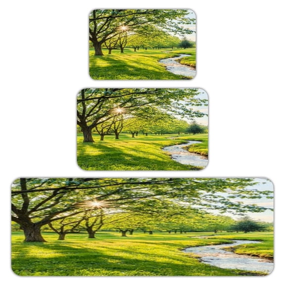 RKSupls Kitchen Rug Set 3 Piece Anti-Slip Flannel Floor Mats, Green Meadow Stream Sunshine Washable Absorbent Runner Mats for Kitchen Bathroom Home Decor