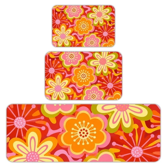 RKSupls Kitchen Rug Set 3 Piece Anti-Slip Flannel Floor Mats, Groovy Floral Red Background Pattern Washable Absorbent Runner Mats for Kitchen Bathroom Home Decor