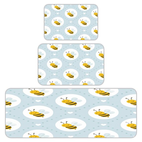 RKSupls Kitchen Rug Set 3 Piece Anti-Slip Flannel Floor Mats, Happy Bee Pattern Washable Absorbent Runner Mats for Kitchen Bathroom Home Decor