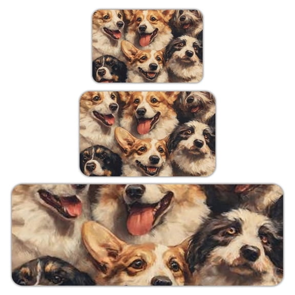 RKSupls Kitchen Rug Set 3 Piece Anti-Slip Flannel Floor Mats, Happy Dogs Group Washable Absorbent Runner Mats for Kitchen Bathroom Home Decor