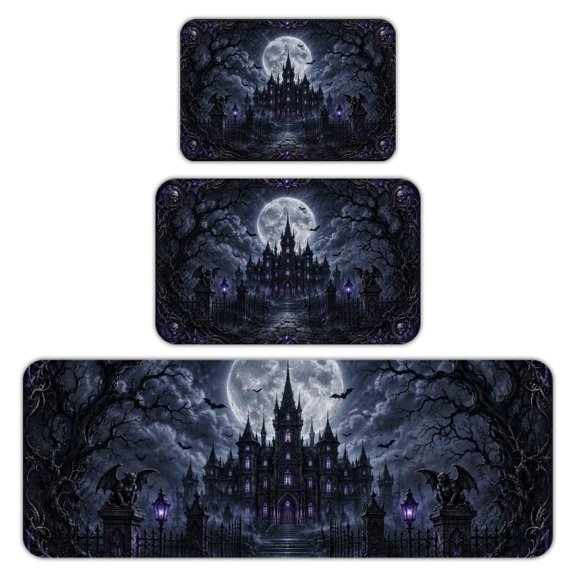 RKSupls Kitchen Rug Set 3 Piece Anti-Slip Flannel Floor Mats, Haunted Moon Mansion Bats Gothic Washable Absorbent Runner Mats for Kitchen Bathroom Home Decor