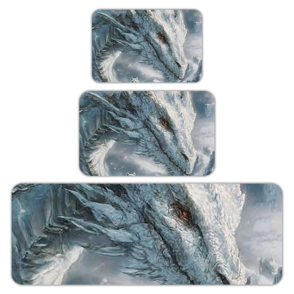 RKSupls Kitchen Rug Set 3 Piece Anti-Slip Flannel Floor Mats, Ice Dragon Wolf Washable Absorbent Runner Mats for Kitchen Bathroom Home Decor
