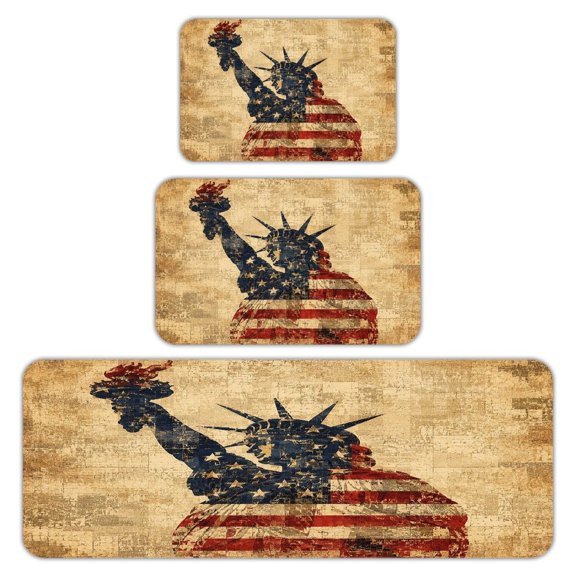 RKSupls Kitchen Rug Set 3 Piece Anti-Slip Flannel Floor Mats, Lady Liberty Mosaic Flag Torch Portrait Washable Absorbent Runner Mats for Kitchen Bathroom Home Decor