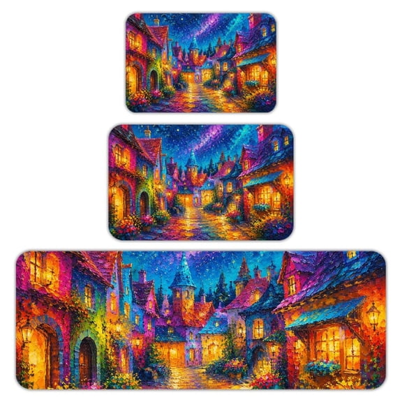 RKSupls Kitchen Rug Set 3 Piece Anti-Slip Flannel Floor Mats, Lakeside Cottage Sunset Washable Absorbent Runner Mats for Kitchen Bathroom Home Decor