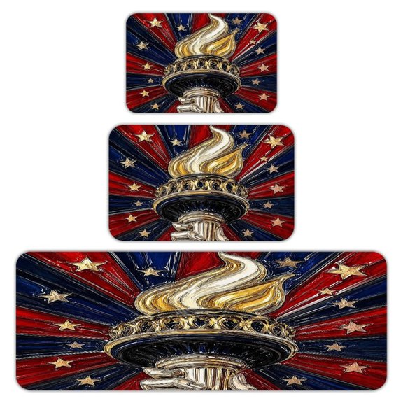 RKSupls Kitchen Rug Set 3 Piece Anti-Slip Flannel Floor Mats, Liberty Torch Flame Abstract Art Washable Absorbent Runner Mats for Kitchen Bathroom Home Decor