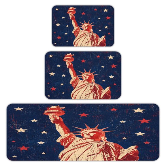 RKSupls Kitchen Rug Set 3 Piece Anti-Slip Flannel Floor Mats, Liberty Torch Stars Vintage Washable Absorbent Runner Mats for Kitchen Bathroom Home Decor