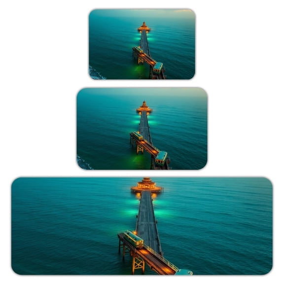 RKSupls Kitchen Rug Set 3 Piece Anti-Slip Flannel Floor Mats, Lighthouse Ocean Pier Washable Absorbent Runner Mats for Kitchen Bathroom Home Decor