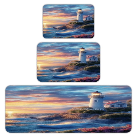 RKSupls Kitchen Rug Set 3 Piece Anti-Slip Flannel Floor Mats, Lighthouse Sunset Coastal Waves Washable Absorbent Runner Mats for Kitchen Bathroom Home Decor