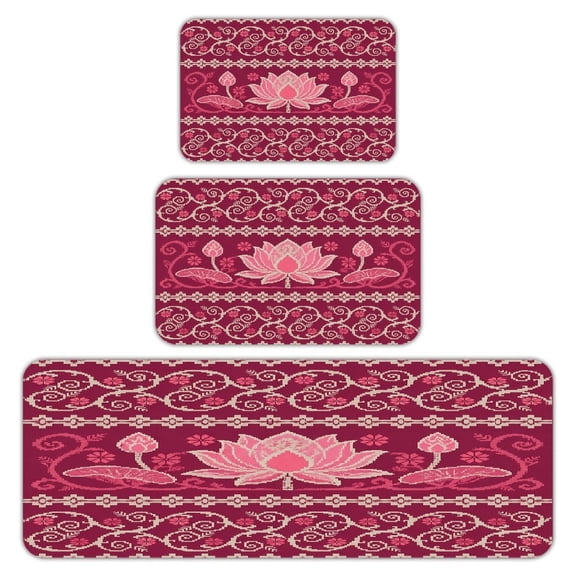 RKSupls Kitchen Rug Set 3 Piece Anti-Slip Flannel Floor Mats, Lotus Flower Cross Stitch Pattern Washable Absorbent Runner Mats for Kitchen Bathroom Home Decor