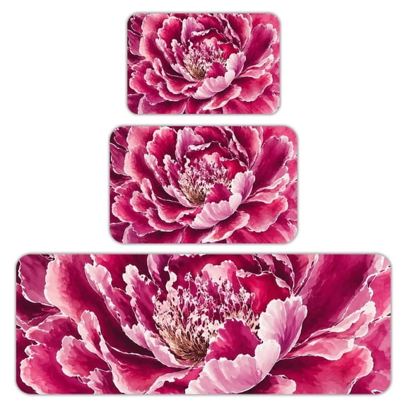 RKSupls Kitchen Rug Set 3 Piece Anti-Slip Flannel Floor Mats, Magenta Peony Closeup Washable Absorbent Runner Mats for Kitchen Bathroom Home Decor