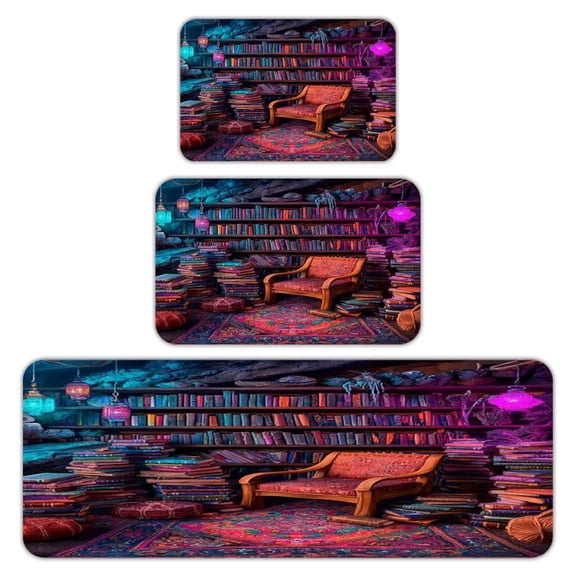 RKSupls Kitchen Rug Set 3 Piece Anti-Slip Flannel Floor Mats, Magic Library Cave Interior Washable Absorbent Runner Mats for Kitchen Bathroom Home Decor
