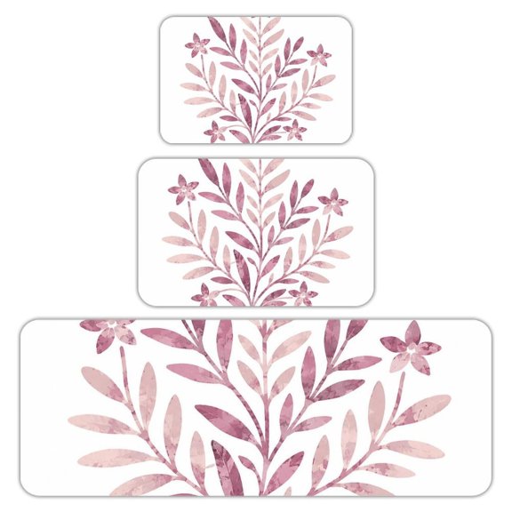 RKSupls Kitchen Rug Set 3 Piece Anti-Slip Flannel Floor Mats, Mauve Floral Branch Illustration Washable Absorbent Runner Mats for Kitchen Bathroom Home Decor