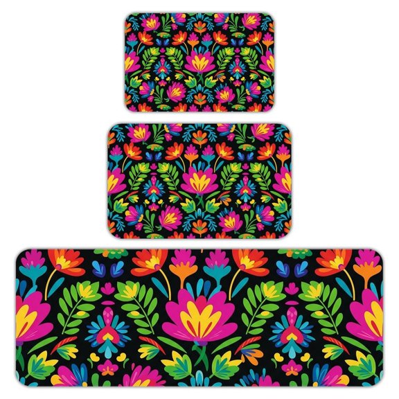 RKSupls Kitchen Rug Set 3 Piece Anti-Slip Flannel Floor Mats, Mexican Fiesta Washable Absorbent Runner Mats for Kitchen Bathroom Home Decor