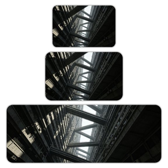 RKSupls Kitchen Rug Set 3 Piece Anti-Slip Flannel Floor Mats, Modern Architecture Atrium View Washable Absorbent Runner Mats for Kitchen Bathroom Home Decor