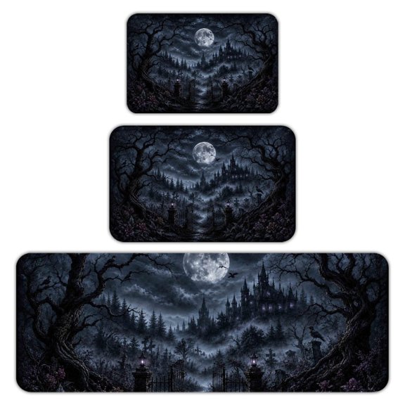 RKSupls Kitchen Rug Set 3 Piece Anti-Slip Flannel Floor Mats, Moonlit Gothic Mansion Misty Forest Washable Absorbent Runner Mats for Kitchen Bathroom Home Decor