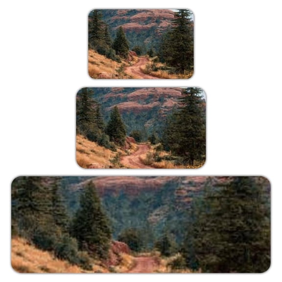 RKSupls Kitchen Rug Set 3 Piece Anti-Slip Flannel Floor Mats, Mountain Trail Forest Landscape Washable Absorbent Runner Mats for Kitchen Bathroom Home Decor