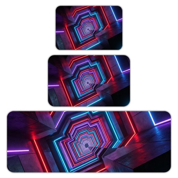 RKSupls Kitchen Rug Set 3 Piece Anti-Slip Flannel Floor Mats, Neon Pentagon Infinity Corridor Washable Absorbent Runner Mats for Kitchen Bathroom Home Decor