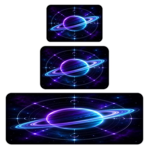 RKSupls Kitchen Rug Set 3 Piece Anti-Slip Flannel Floor Mats, Neon Saturn Planet Ring Orbit Washable Absorbent Runner Mats for Kitchen Bathroom Home Decor