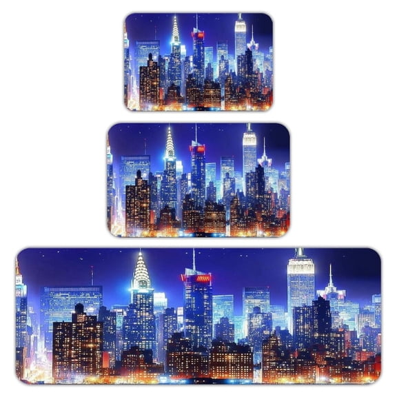 RKSupls Kitchen Rug Set 3 Piece Anti-Slip Flannel Floor Mats, New York City Night Skyline Washable Absorbent Runner Mats for Kitchen Bathroom Home Decor
