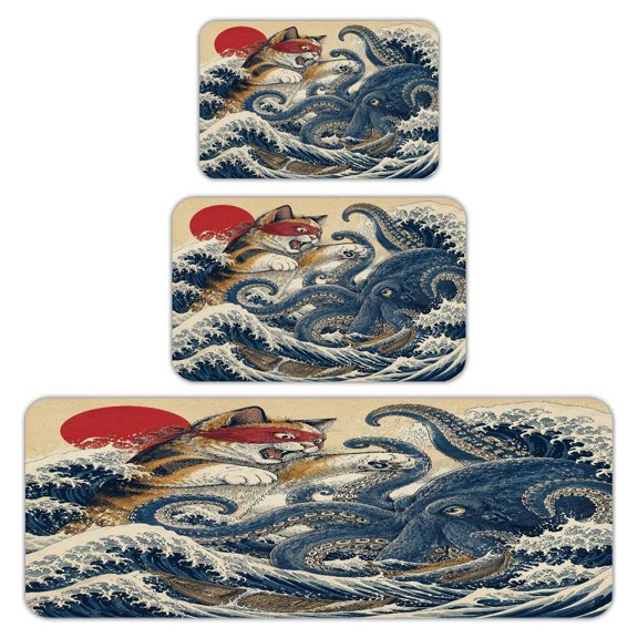 RKSupls Kitchen Rug Set 3 Piece Anti-Slip Flannel Floor Mats, Ninja Cat Fighting Giant Octopus In Great Wave Washable Absorbent Runner Mats for Kitchen Bathroom Home Decor