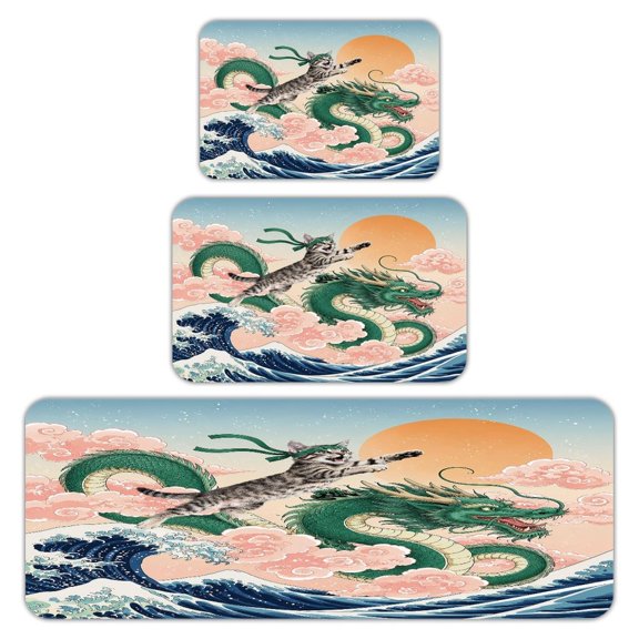 RKSupls Kitchen Rug Set 3 Piece Anti-Slip Flannel Floor Mats, Ninja Cat Leaping With Dragon Washable Absorbent Runner Mats for Kitchen Bathroom Home Decor